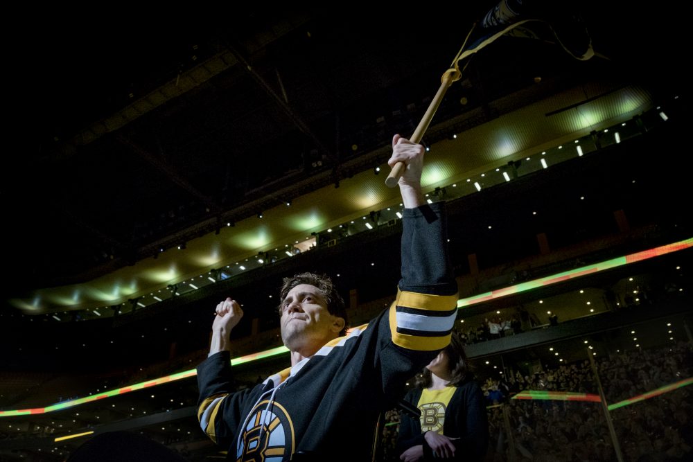 Jake Gyllenhaal in a still from &quot;Stronger,&quot; as Jeff Bauman attending a Boston Bruins game after the Boston Marathon bombing. (Scott Garfield/Courtesy of Lionsgate and Roadside Attractions)