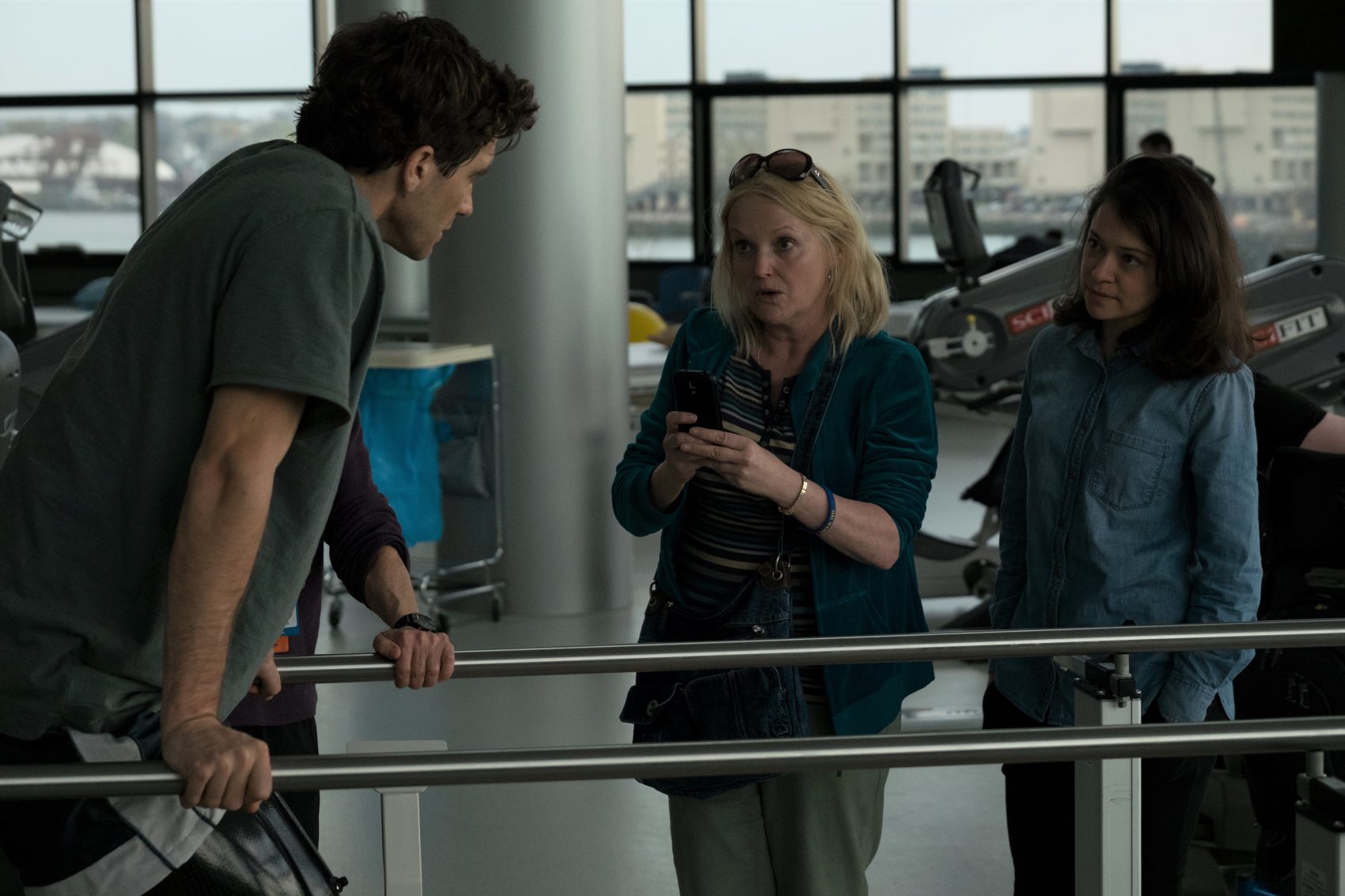 Jake Gyllenhaal, Miranda Richardson and Tatiana Maslany in "Stronger." (Courtesy Scott Garfield/Lionsgate and Roadside Attractions)