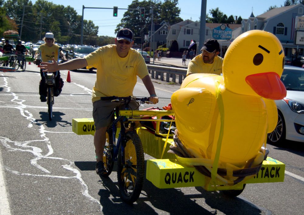 Gary Chamberlain and Paul DeLuca’s “Quack Attack&quot; was one of the leaders of the Lowell Kinetic Sculpture Race. (Greg Cook/WBUR)