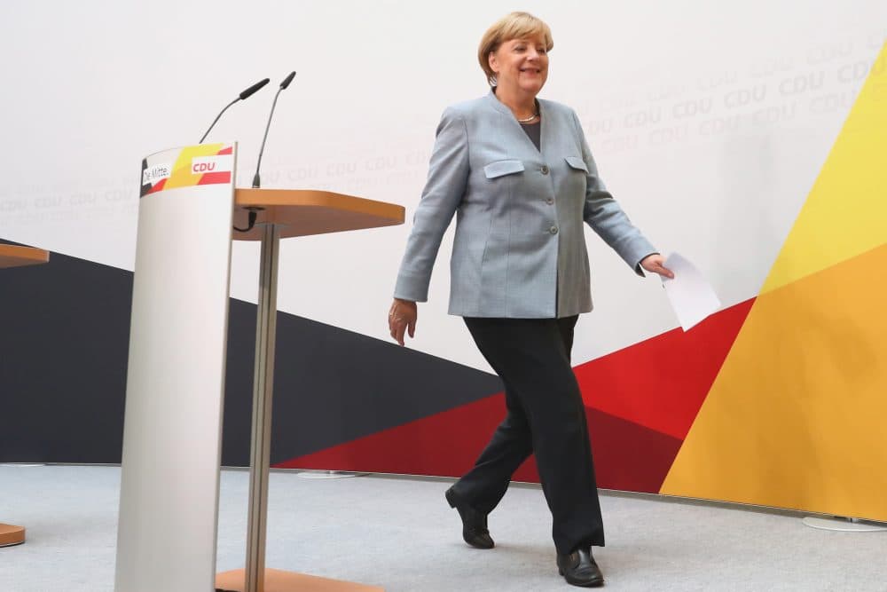 German Chancellor and Christian Democrat (CDU) Angela Merkel arrives at CDU headquaters to speak to the media the day after the CDU won 32.9 percent of the vote and a first-place finish in Sunday's German federal elections on Sept. 25, 2017, in Berlin. (Alexander Hassenstein/Getty Images)