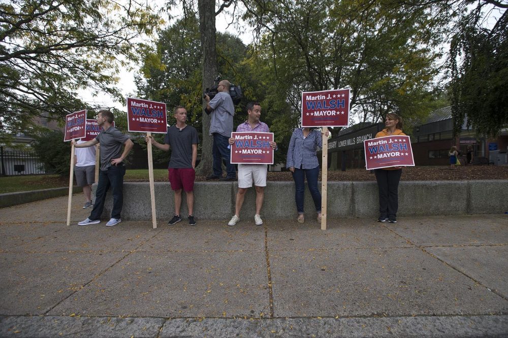 Marty Walsh supporters standing in line on Richmond Street in Dorchester. (Jesse Costa/WBUR)