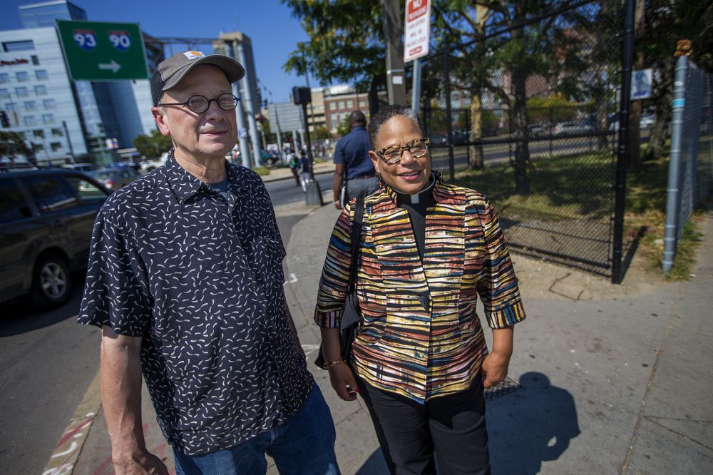 Jim Stewart, with the First Church shelter in Cambridge, and the Rev. June Cooper, of the anti-poverty group City Mission, argue the city's investment in the center as a way to address the opioid epidemic is misguided. (Jesse Costa/WBUR)