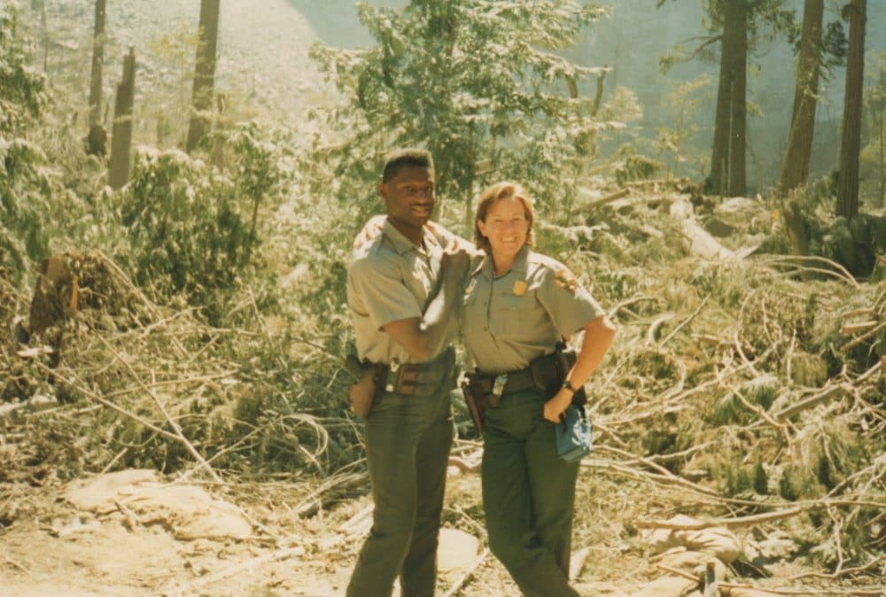 Andrea Lankford, right, author of &quot;Ranger Confidential: Living, Working, And Dying In The National Parks,&quot; with Bruce Phillips as a park ranger at the scene of a deadly rock slide in Yosemite in July 1996. (Courtesy Andrea Lankford)
