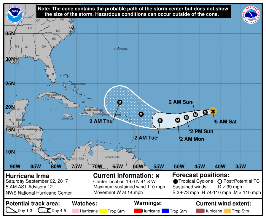 As of early Saturday Irma was a strong Hurricane moving west (Courtesy NHC)