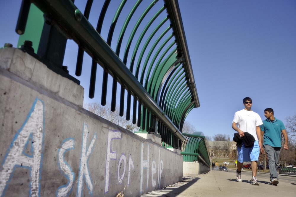 Cornell University students cross the college's Thurston Avenue Bridge in Ithaca, N.Y. on Tuesday, March 16, 2010. In that same month, three students jumped from campus bridges. (Heather Ainsworth/AP)