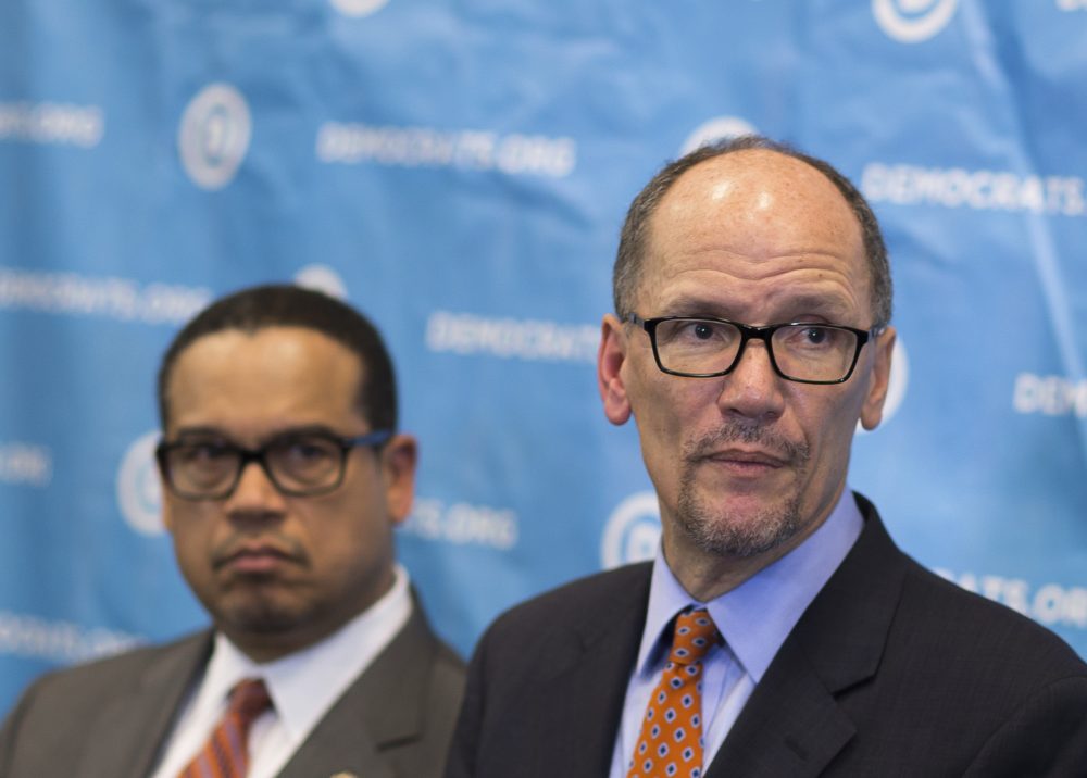 Newly elected Democratic National Committee Chairman Tom Perez, right, and Rep. Keith Ellison, D-Minn., who was named deputy chairman, listen to a question from the media during a press conference at the DNC winter meeting in Atlanta, Saturday, Feb. 25, 2017. (Branden Camp/AP)