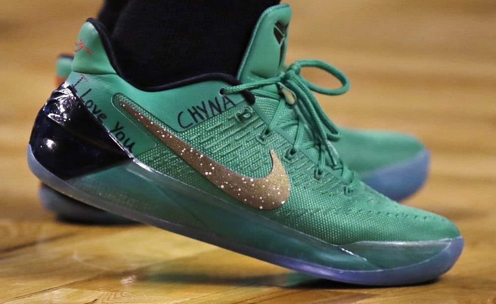 Thomas wears a message on his shoes in memory of his sister, Chyna, during a first-round NBA playoff game against the Chicago Bulls Sunday, April 16, 2017, in Boston. (Charles Krupa/AP)