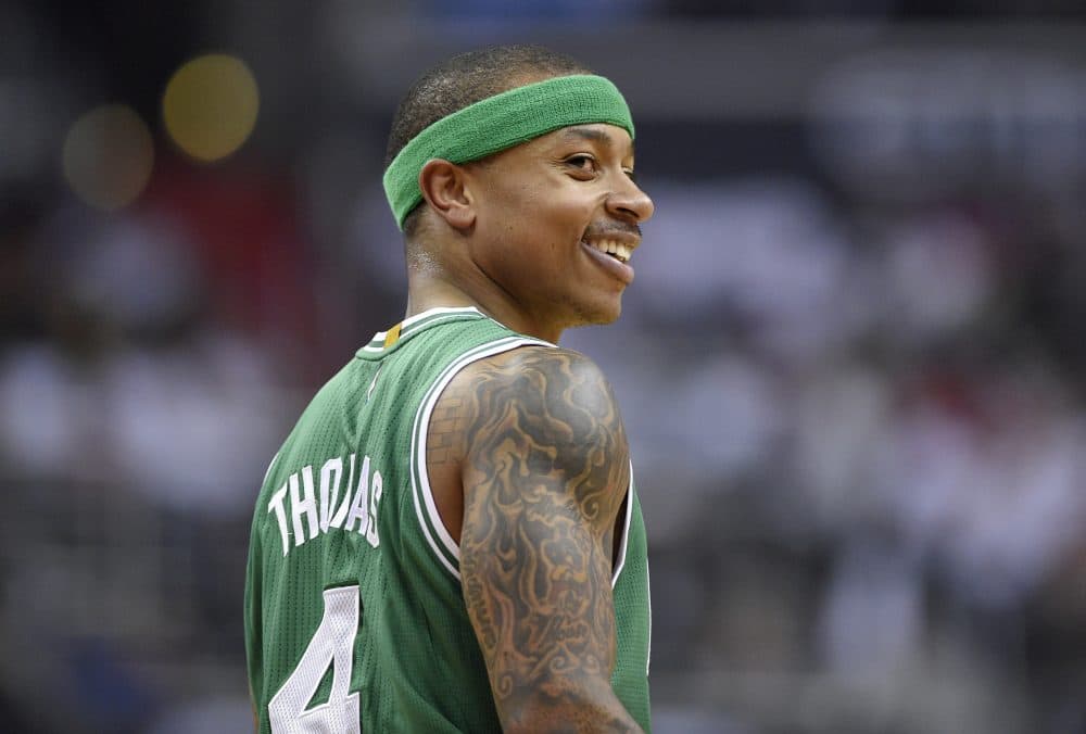 Thomas smiles during Game 4 of a second-round NBA playoff series against the Washington Wizards, Sunday, May 7, 2017, in Washington. (Nick Wass/AP)