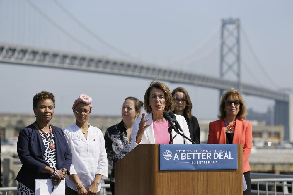 House Minority Leader Nancy Pelosi speaks during an event to commemorate Women's Equality Day Tuesday, Aug. 22, 2017, in San Francisco. The event also celebrated the launch of the Democrats' economic agenda, &quot;A Better Deal: Better Wages, Better Future.&quot; Looking on at left is Congresswoman Barbara Lee and at right is Congresswoman Jackie Speier. (Eric Risberg/AP)
