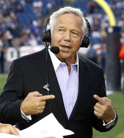 Patriots owner Robert Kraft speaks during a television interview before a preseason game against the Giants on Aug. 31 in Foxborough. (Steven Senne/AP)