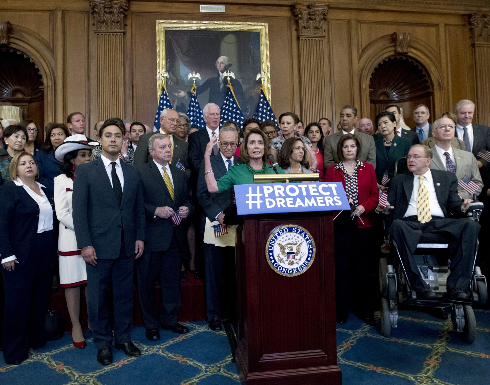 House and Senate Democrats gather on Capital Hill, on Wednesday, Sept. 6, 2017, to call for Congressional Republicans to stand up to President Trump's decision to terminate the DACA initiative by bringing the DREAM Act for a vote on the House and Senate Floor. (Jose Luis Magana/AP)