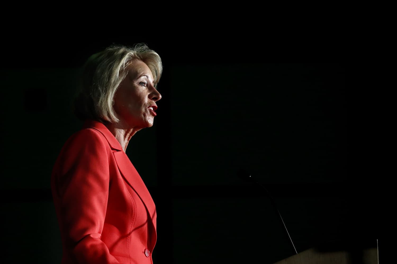 Education Secretary Betsy DeVos speaks at George Mason University Arlington, Va., campus on Sept. 7. DeVos declared that "the era of 'rule by letter' is over" as she announced plans to change the way colleges and university handle allegations of sexual violence on campus. (Jacquelyn Martin/AP)
