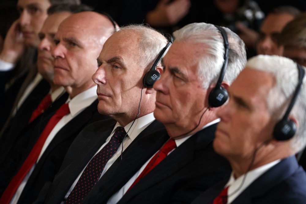 White House Chief of Staff John Kelly, third from right, listens during a news conference with President Trump and Emir of Kuwait Sheikh Sabah Al Ahmad Al Sabah in the East Room of the White House on Sept. 7. Also listening is Vice President Mike Pence, right, and Secretary of State Rex Tillerson. (Evan Vucci/AP)