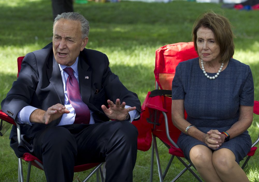 In this Sept. 7, 2017, photo, Senate Minority Leader Chuck Schumer of N.Y., accompanied by House Minority Leader Nancy Pelosi of Calif. speak on Capitol Hill in Washington. (Jose Luis Magana/AP)