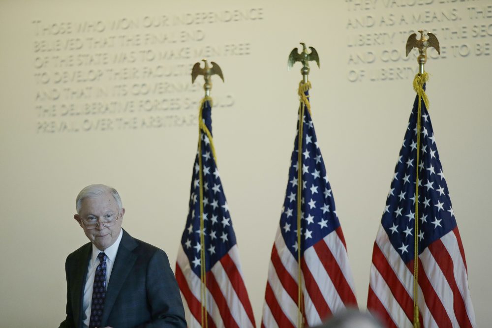 Attorney General Jeff Sessions speaks to law enforcement officials about international organized crime and gang violence at the federal courthouse in Boston Thursday. (Stephan Savoia/AP)