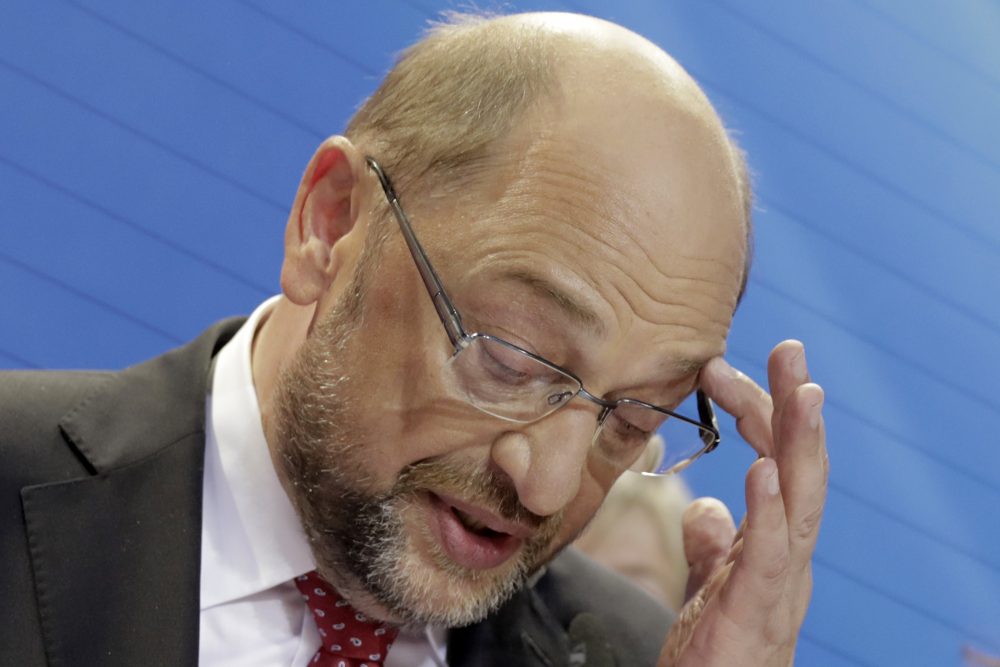 Party chairman and top candidate Martin Schulz addresses his supporters in the headquarters of the Social Democratic party in Berlin, Germany, Sunday, Sept. 24, 2017, after the polling stations for the German parliament elections had been closed. The sign reads : &quot;It's Time&quot;. Schulz conceded defeat to Merkel. (Gero Breloer/AP)