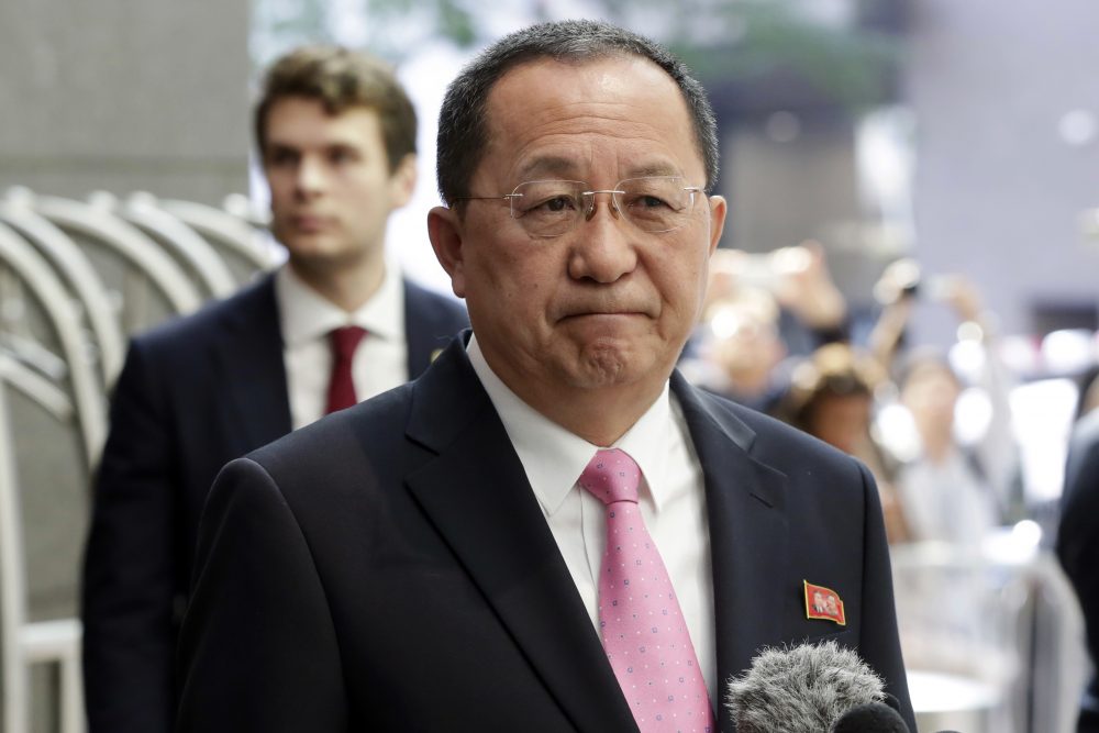 North Korea's Foreign Minister Ri Yong Ho speaks outside the U.N. Plaza Hotel, in New York, Monday, Sept. 25, 2017. (Richard Drew/AP)