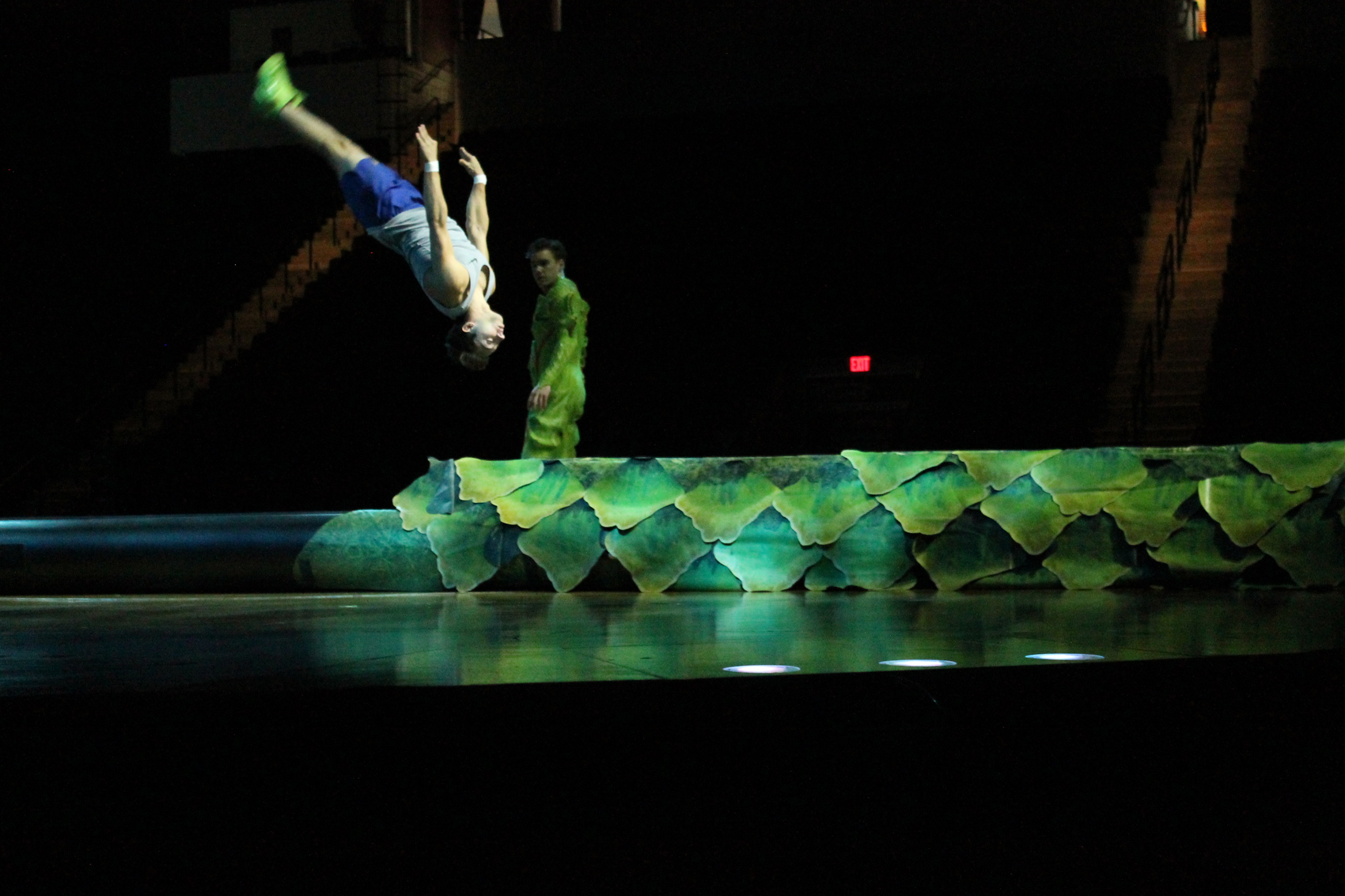 Acrobats rehearse Cirque du Soleil's "OVO" at Agganis Arena in Boston. (Hannah Chanatry for WBUR)