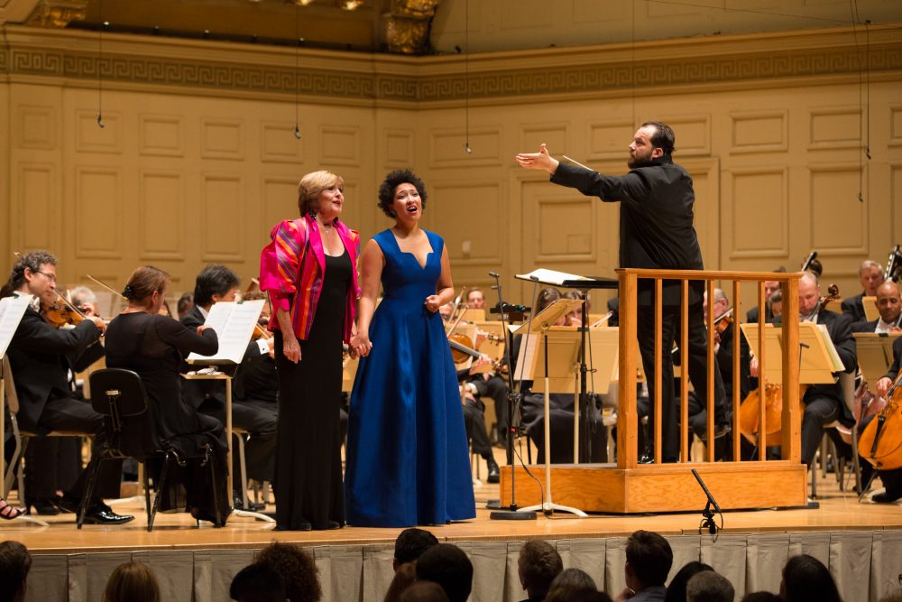 Frederica von Stade, Julia Bullock and Andris Nelsons with the Boston Symphony Orchestra in an all-Bernstein program. (Courtesy of Michael Blanchard)