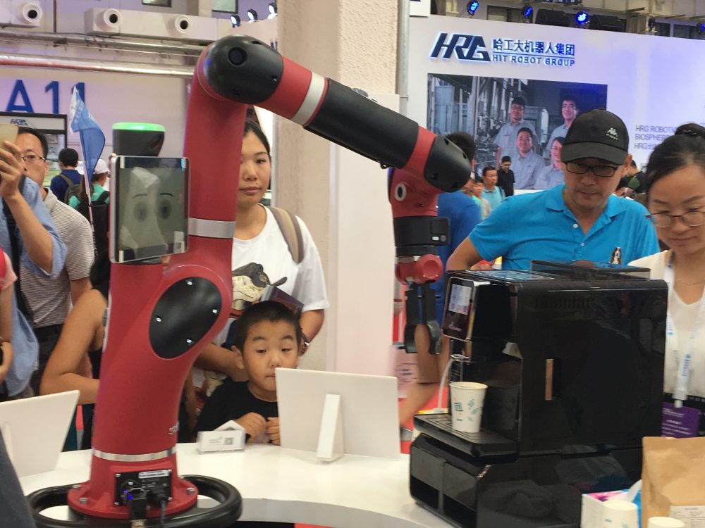 A robot from Rethink Robotics, a Boston-based company, was on display at the World Robot Conference Expo in Beijing. The firm designs a robotic arm that can be used in manufacturing. (Asma Khalid/WBUR)