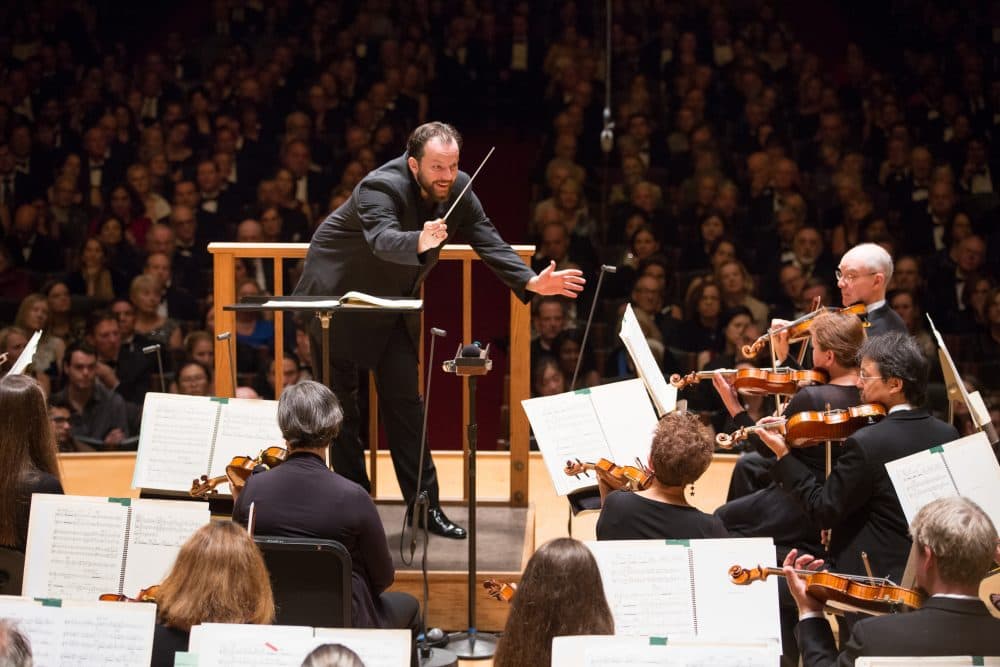 Andris Nelsons conducts the Boston Symphony Orchestra in &quot;Symphonic Dances from 'West Side Story' &quot; in its first concert of the 2017-'18 season. (Courtesy of Michael Blanchard)