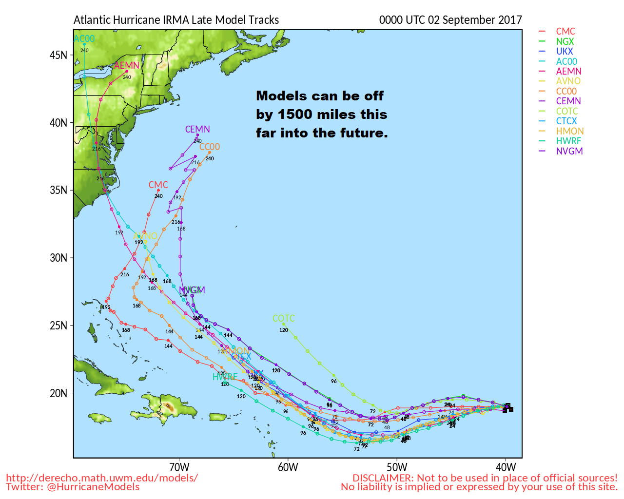There are many possible tracks Irma may take, including out to sea or into the U.S., sometime in about 10 days. (Courtesy Mesoscale Research Group)