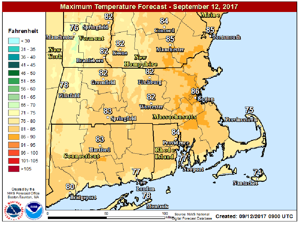 Highs Tuesday reach into the 80s with 70s on Cape (Courtesy NOAA)