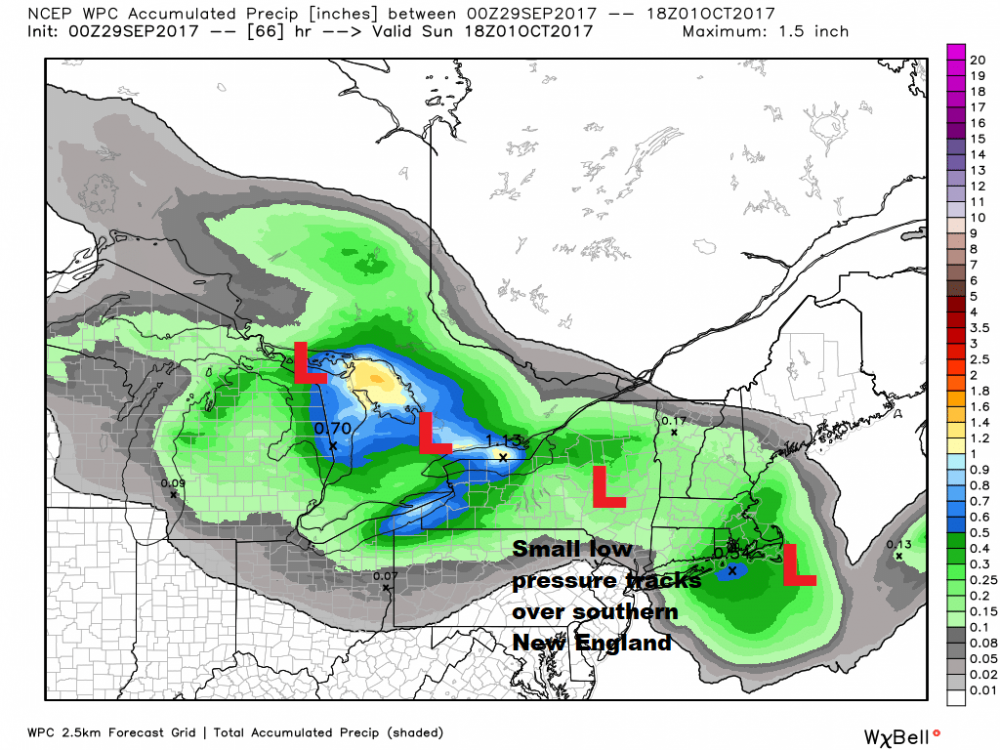 Showers are in the forecast, but won't amount to much Saturday. (Courtesy WeatherBell)