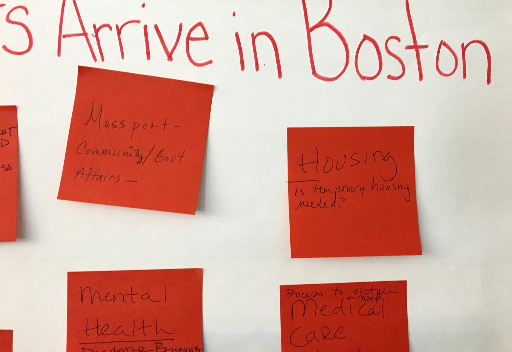 Sticky notes showing some problems and solutions facing students displaced by Hurricane Maria. (Max Larkin/WBUR)