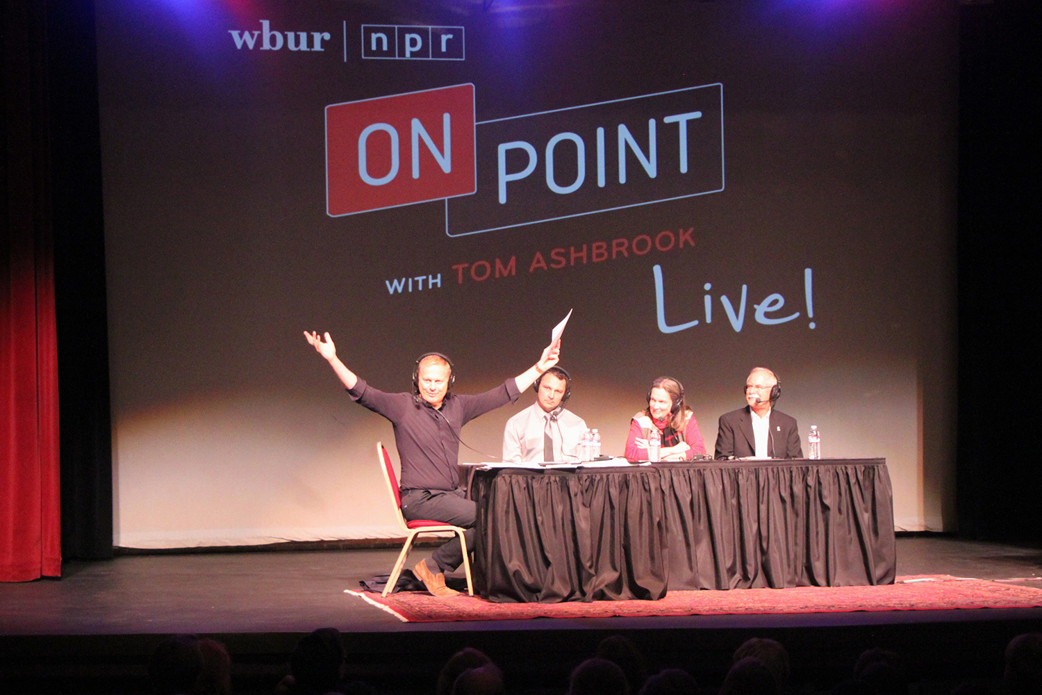 Tom Ashbrook and panelists during an On Point Listens live show in Spokane, Washington. (Janean Jorgensen/Spokane Public Radio)