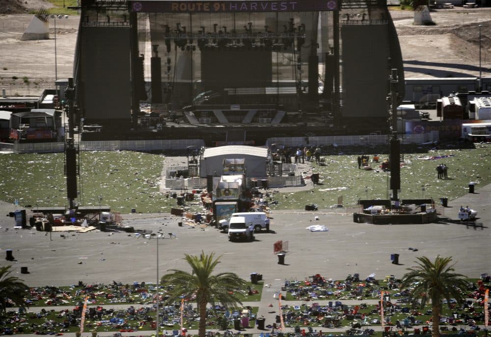 The morning after the mass shooting on the Las Vegas Strip, debris is seen strewn through the concert area. (John Locher/AP)