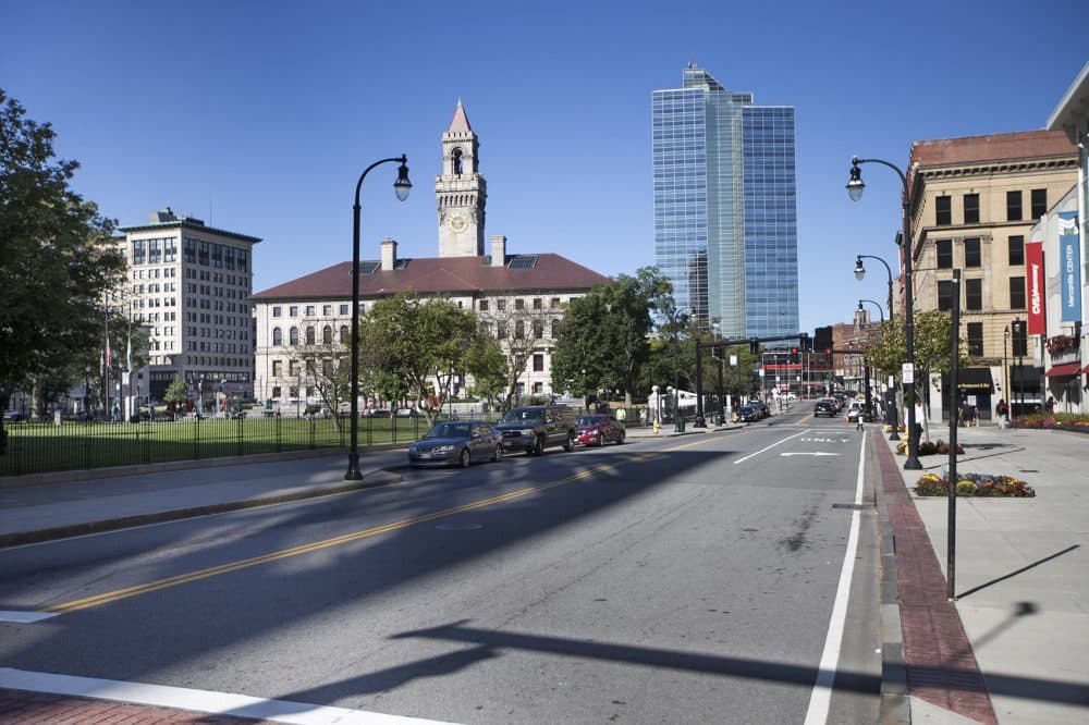 Downtown Worcester looking west on Front Street. (Jesse Costa/WBUR)