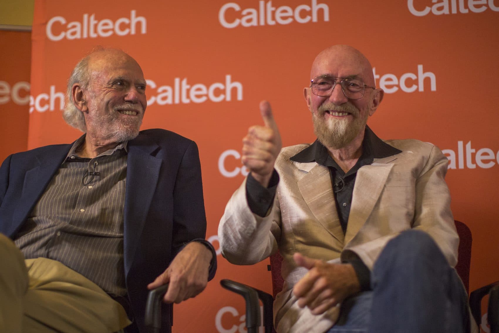 Barry Barish (left) and Kip Thorne address a press conference at the California Institute of Technology after receiving the 2017 Nobel Prize in Physics on Oct. 3, 2017, in Pasadena, Calif. Barish and Thorne were among seven Americans to win Nobel Prizes in science this year. (David McNew/Getty Images)