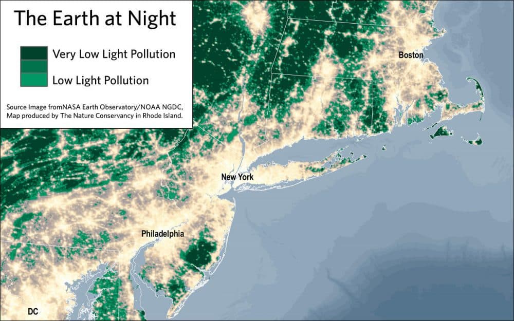 Map showig areas of low and very low light pollution along the coast. (Courtesy The Nature Conservancy Of Rhode Island) 