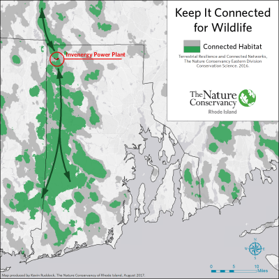 A map showing the western Rhode Island wildlife corridor and the location of the proposed power plant. (Courtesy The Nature Conservancy Of Rhode Island)