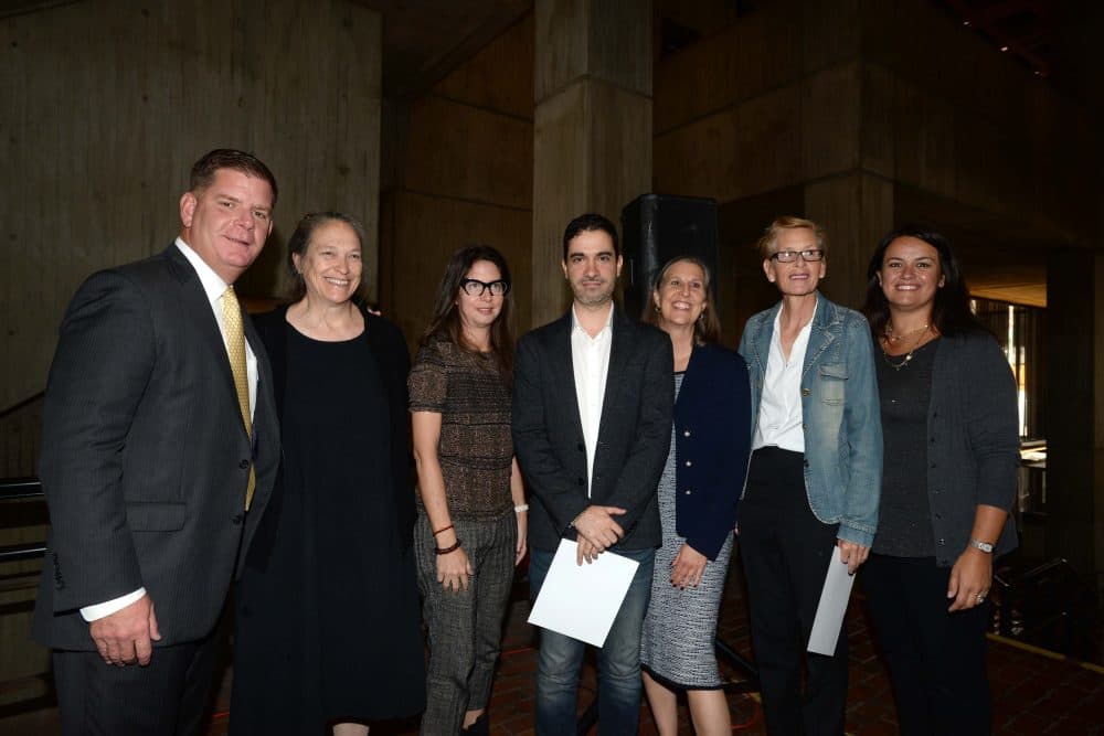 Mayor Marty Walsh, Marilyn Arsem, Michelle Fornabai, Dariel Suarez, Chief of Arts and Culture Julie Burros, Mary-Jane Doherty and Councilor-At-Large Annissa Essaibi George. (Courtesy City of Boston)