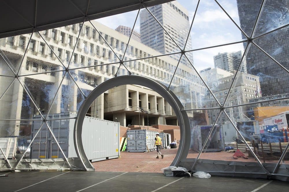 From the inside of an under-construction geodesic dome on City Hall Plaza. (Robin Lubbock/WBUR)
