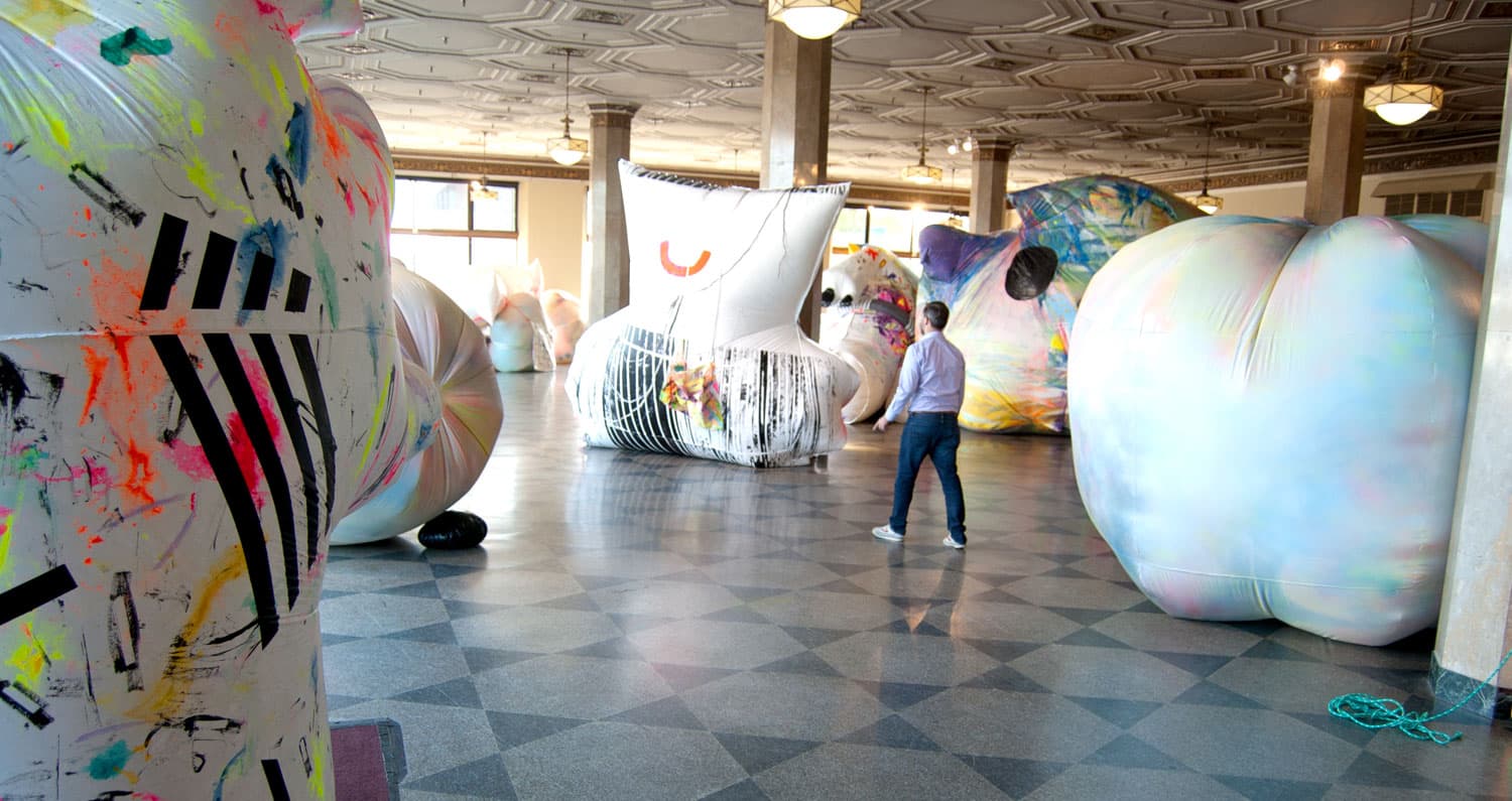 Claire Ashley's inflatable sculptures at Boston University's 808 Gallery. (Greg Cook/WBUR)
