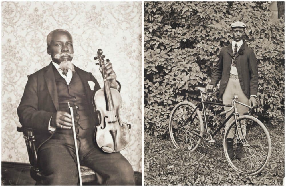 William Bullard's portraits of David T. Oswell with a viola and Isaac &quot;Ike&quot; Perkins with his bicycle. (Courtesy Frank Morrill)
