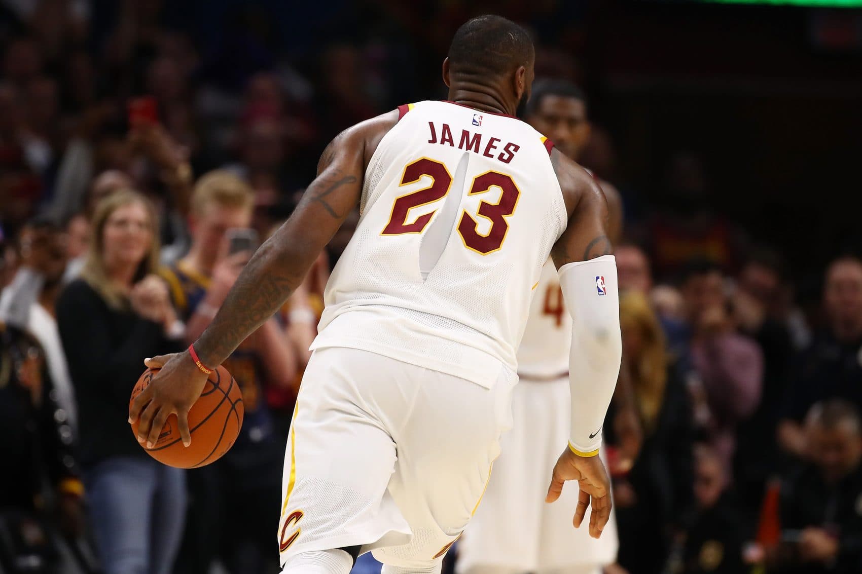 LeBron James played with a ripped jersey on Tuesday. (Gregory Shamus/Getty Images)