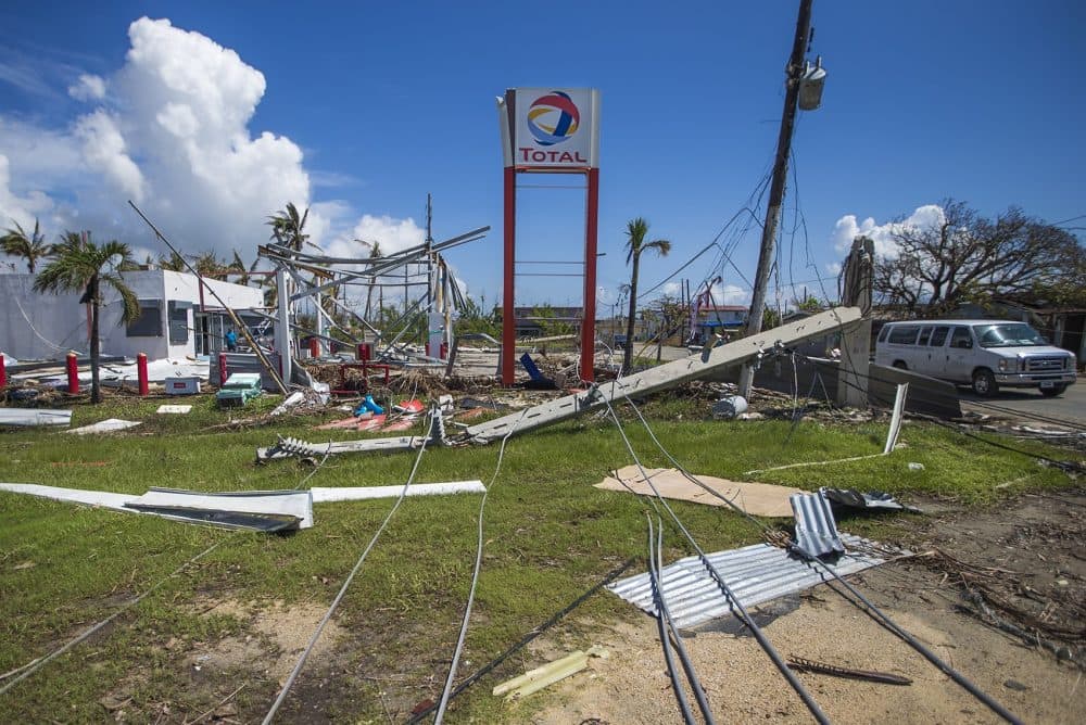 Hurricane Maria caused downed powerlines and demolished a Total gas station in Punta Santiago in Humacao. (Jesse Costa/WBUR)