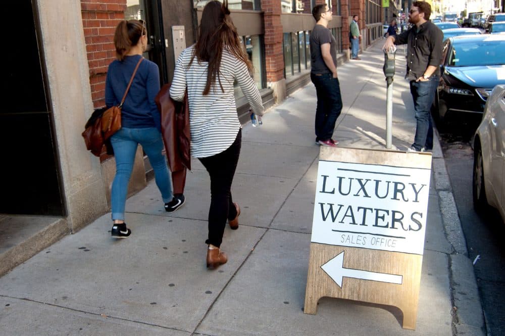 Outside the “Luxury Waters Sales Office.” (Greg Cook/WBUR)