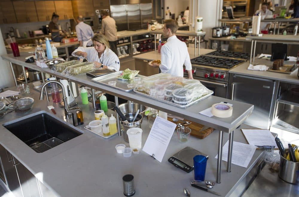 The new expanded main test kitchen at the America's Test Kitchen facility in Boston's Seaport. (Jesse Costa/WBUR)