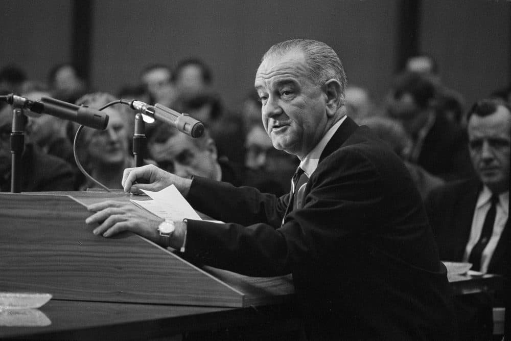 President Lyndon B. Johnson denounces what he called unjustified speculation on how the war is going in South Vietnam and how it might be waged, Feb. 29, 1964. (AP Photo)