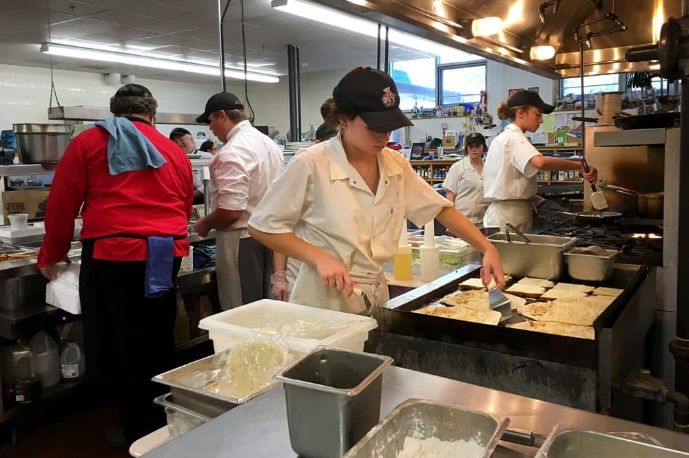 The kitchen at Blackstone Valley Regional Vocational Technical High School in Upton, where students in the culinary arts program are making quesadillas (Lynn Jolicoeur/WBUR)