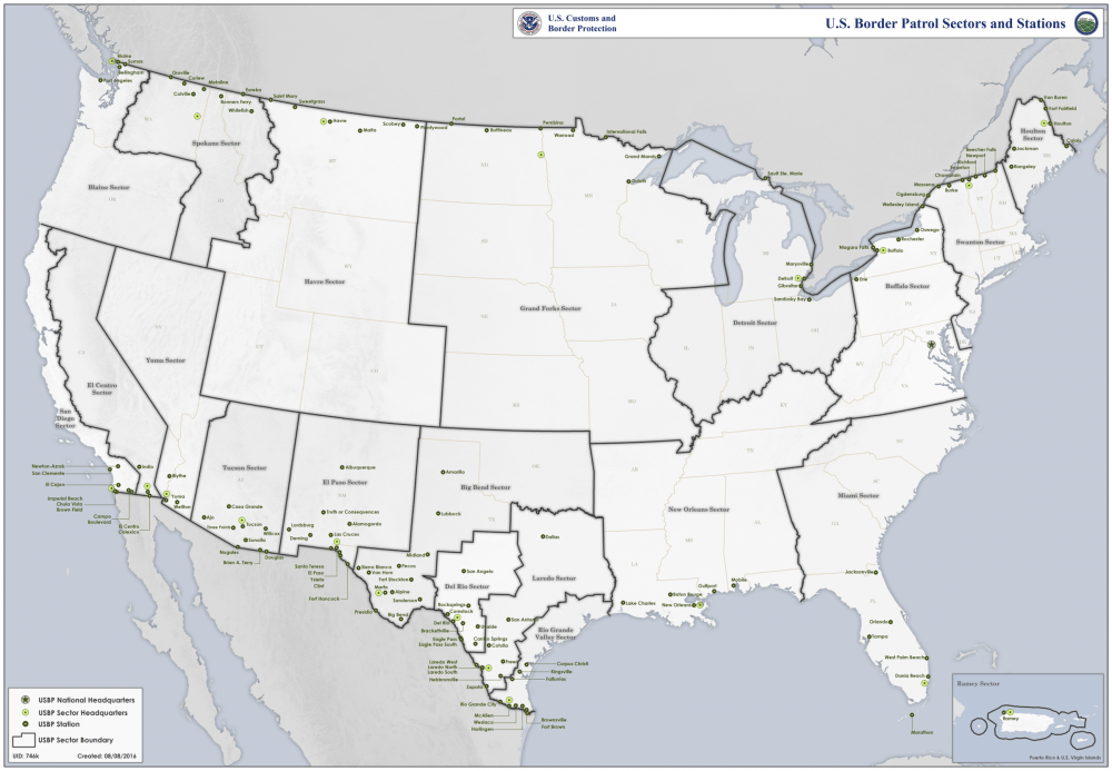 This map depicts the U.S. Border Patrol's sector boundaries and station locations. New England states fall within the Swanton Sector or the Houlton Sector. (Courtesy U.S. Border Patrol)