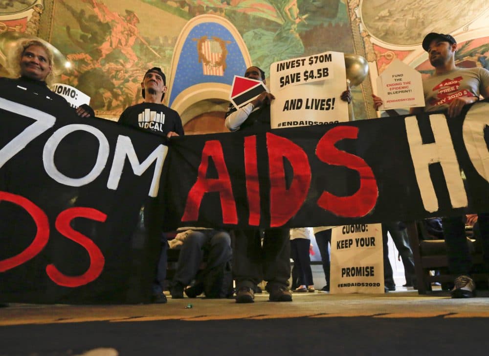 AIDS activists rally in the War Room at the Capitol in Albany, N.Y. on March 28, 2016. They were pushing for an increase in AIDS funding as New York Gov. Andrew Cuomo and legislators negotiated the state budget. (Mike Groll/AP)