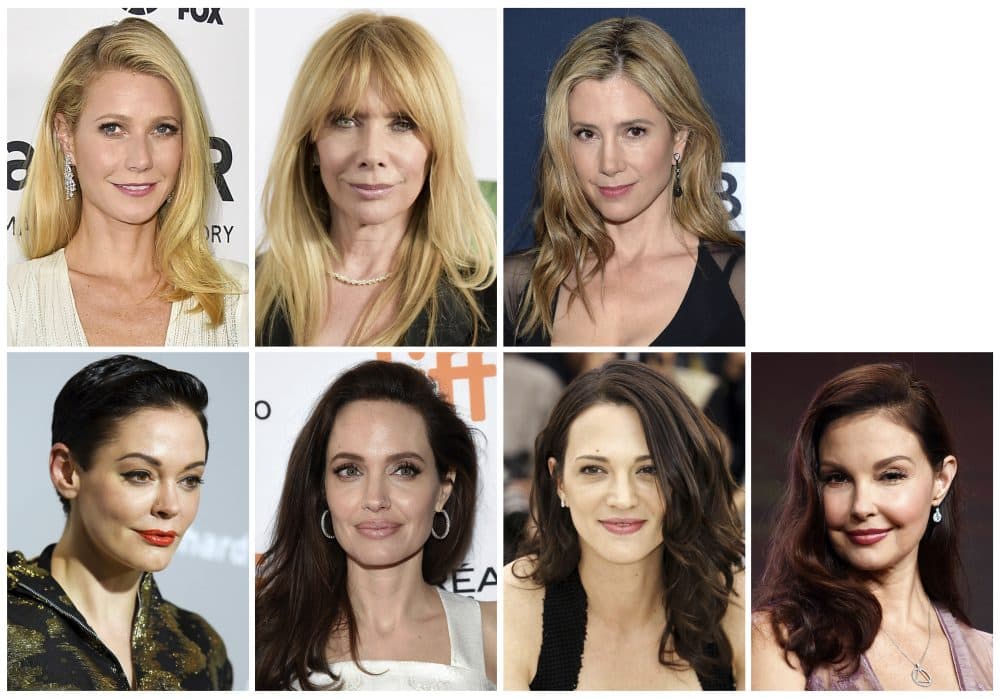 This combination photo shows actresses, top row from left, Gwyneth Paltrow, Rosanna Arquette, Mira Sorvino and bottom row from left, Rose McGowan, Angelina Jolie Pitt, Asia Argento and Ashley Judd, who are among the many women who have spoken out against Harvey Weinstein in on-the-record reports that detailed claims of sexual abuse. (AP Photos/File)