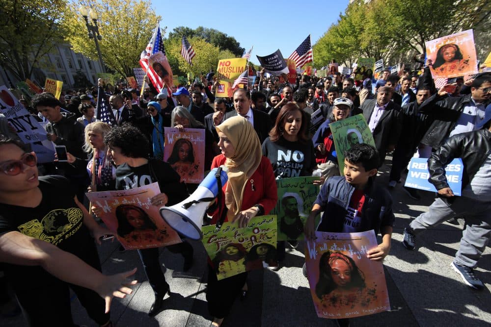 Muslim, civil rights groups and their supporters gather at a rally against what they call a &quot;Muslim ban&quot; in front of the White House in Washington, Wednesday, Oct. 18, 2017. (Manuel Balce Ceneta/AP)