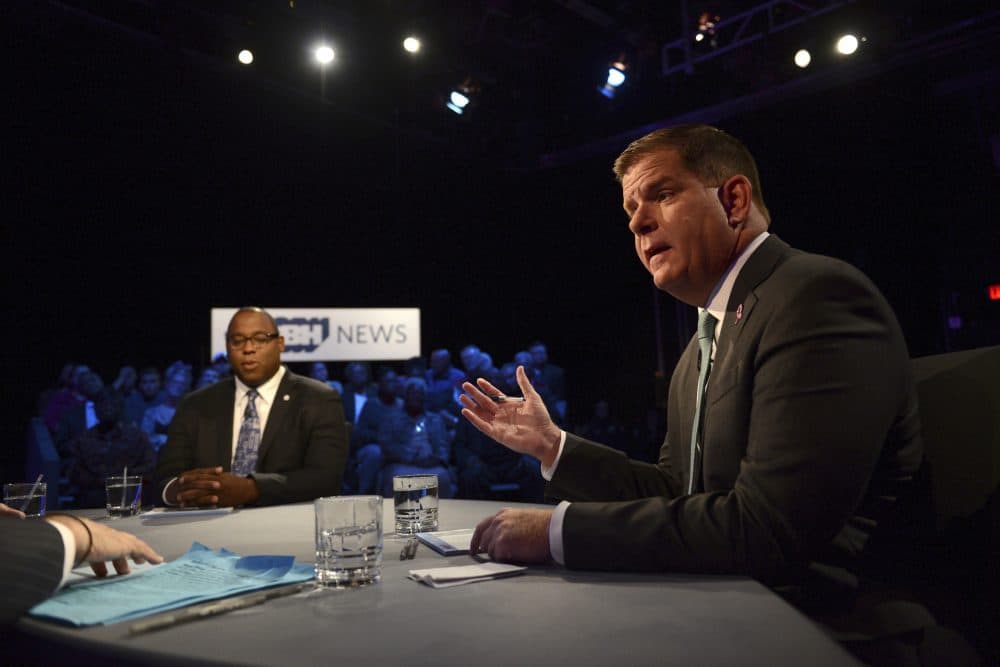 Boston Mayor Marty Walsh, right, and City Councilor Tito Jackson participate in a mayoral debate at the WGBH Studios in Boston, Tuesday, Oct. 24, 2017. (Meredith Nierman/WGBH News via AP, Pool)